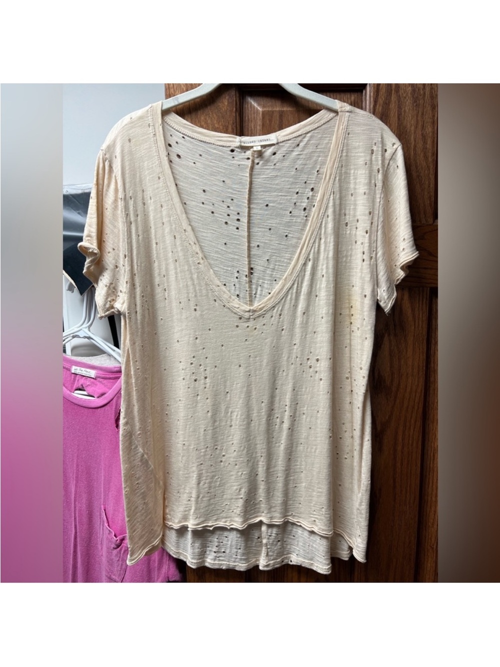 Gilded Intent Cream Short Sleeve V-Neck Tee with Subtle Distressing